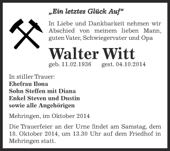 Traueranzeige von Walter Witt von Super Sonntag Aschersleben