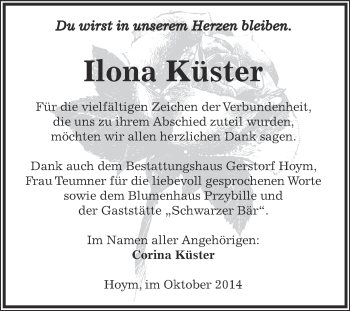 Traueranzeige von Ilona Küster von Super Sonntag Aschersleben