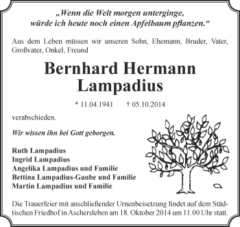 Traueranzeige von Bernhard Hermann Lampadius von Super Sonntag Aschersleben