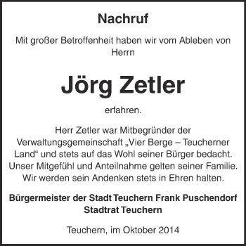 Traueranzeige von Jörg Zetler von WVG - Wochenspiegel NMB / WSF / ZTZ