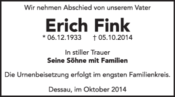 Traueranzeige von Erich Fink von Super Sonntag Dessau / Köthen