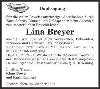 Traueranzeige von Lina Breyer von WVG - Wochenspiegel Aschersleben