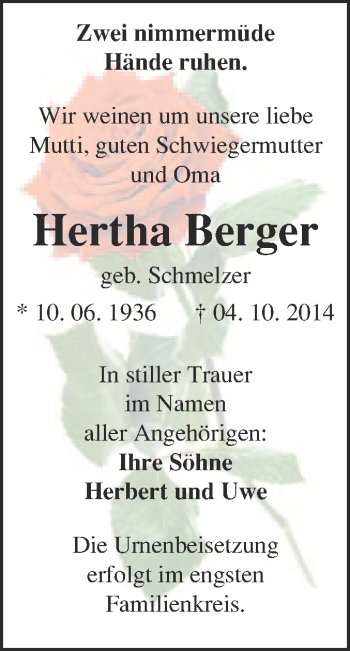 Traueranzeige von Hertha Berger von WVG - Wochenspiegel Quedlinburg