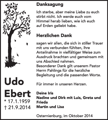 Traueranzeige von Udo Ebert von Super Sonntag Dessau / Köthen