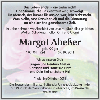 Traueranzeige von Margot Abeßer von WVG - Wochenspiegel Quedlinburg