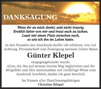 Traueranzeige von Günter Klepel von Super Sonntag Aschersleben