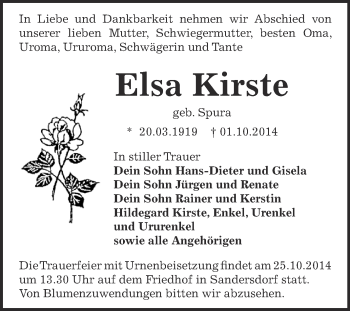 Traueranzeige von Elsa Kirste von WVG - Wochenspiegel Bitterfeld
