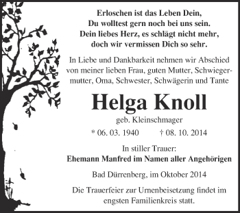 Traueranzeige von Helga Knoll von Super Sonntag Merseburg