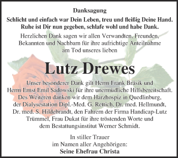 Traueranzeige von Lutz Drewes von WVG - Wochenspiegel Quedlinburg