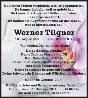 Traueranzeige von Werner Tilgner von WVG - Wochenspiegel Quedlinburg