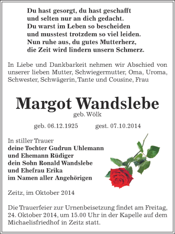 Traueranzeige von Margot Wandslebe von Super Sonntag Zeitz