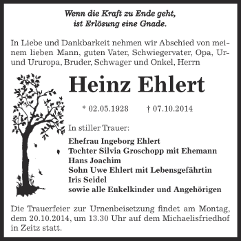 Traueranzeige von Heinz Ehlert von Super Sonntag Zeitz