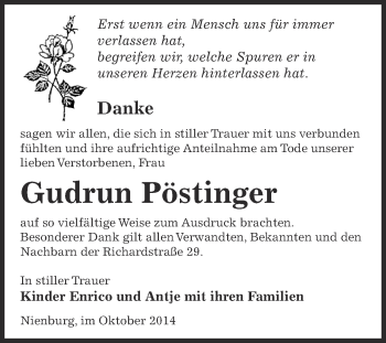 Traueranzeige von Gudrun Pöstinger von Super Sonntag Bernburg