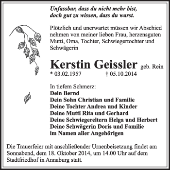 Traueranzeige von Kerstin Geissler von WVG - Wochenspiegel Wittenberg