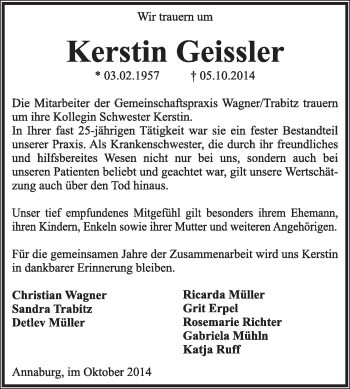 Traueranzeige von Kerstin Geissler von WVG - Wochenspiegel Wittenberg