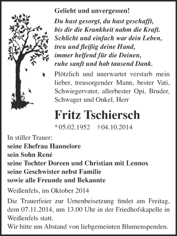 Traueranzeige von Fritz Tschiersch von WVG - Wochenspiegel NMB / WSF / ZTZ