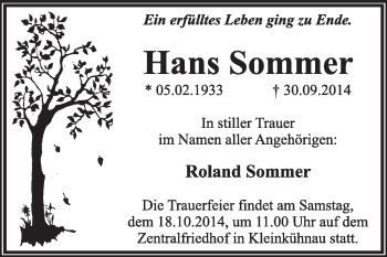 Traueranzeige von Hans Sommer von Super Sonntag Dessau / Köthen