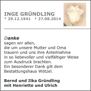 Traueranzeige von Inge Gründling von Super Sonntag Zeitz