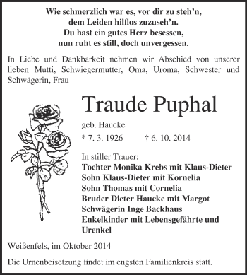 Traueranzeige von Traude Puphal von Super Sonntag Merseburg