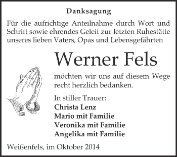 Traueranzeige von Werner Fels von Super Sonntag Merseburg