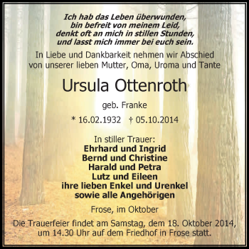 Traueranzeige von Ursula Ottenroth von Super Sonntag Aschersleben