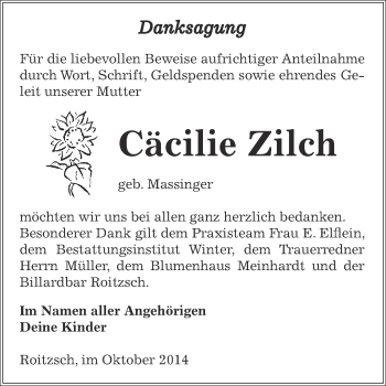 Traueranzeige von Cäcilie Zilch von WVG - Wochenspiegel Bitterfeld
