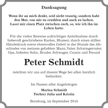 Traueranzeige von Peter Schmidt von Super Sonntag Bernburg