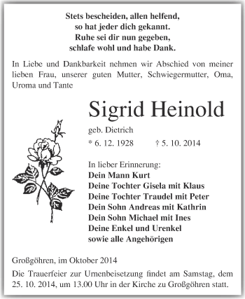 Traueranzeige von Sigrid Heinold von Super Sonntag Merseburg