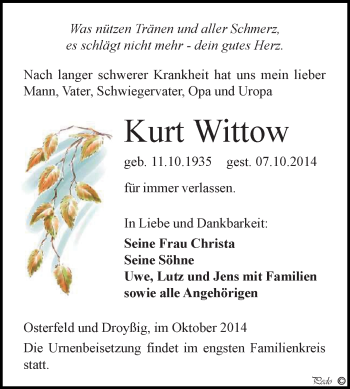 Traueranzeige von Kurt Wittow von Super Sonntag Zeitz