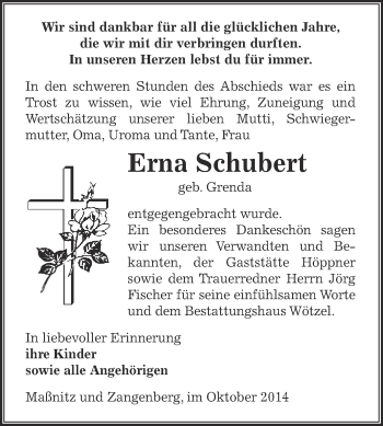 Traueranzeige von Erna Schubert von Super Sonntag Zeitz