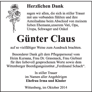 Traueranzeige von Günter Claus von WVG - Wochenspiegel Wittenberg