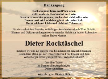 Traueranzeige von Dieter Rocktäschel von WVG - Wochenspiegel Wittenberg