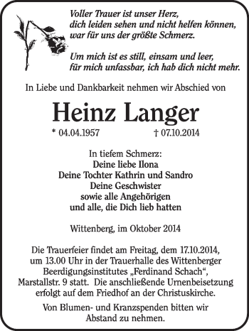 Traueranzeige von Heinz Langer von WVG - Wochenspiegel Wittenberg