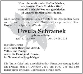 Traueranzeige von Ursula Schramek von Super Sonntag Bernburg