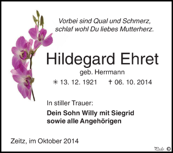 Traueranzeige von Hildegard Ehret von Super Sonntag Zeitz