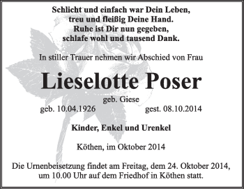 Traueranzeige von Lieselotte Poser von Super Sonntag Dessau / Köthen