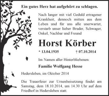 Traueranzeige von Horst Körber von Wochenspiegel Mansfelder Land