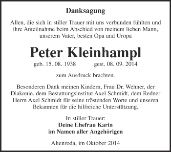 Traueranzeige von Peter Kleinhampl von WVG - Wochenspiegel NMB / WSF / ZTZ