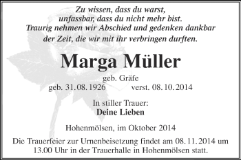 Traueranzeige von Marga Müller von WVG - Wochenspiegel NMB / WSF / ZTZ