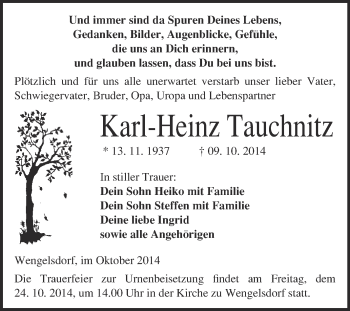 Traueranzeige von Karl-Heinz Tauchnitz von Super Sonntag Merseburg