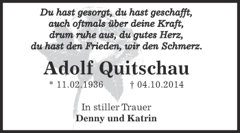 Traueranzeige von Adolf Quitschau von Super Sonntag Bernburg
