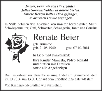 Traueranzeige von Renate Beier von Super Sonntag Merseburg