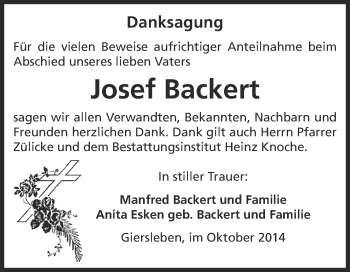 Traueranzeige von Josef Backert von Super Sonntag Aschersleben