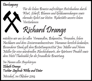 Traueranzeige von Richard Drange von Super Sonntag Aschersleben