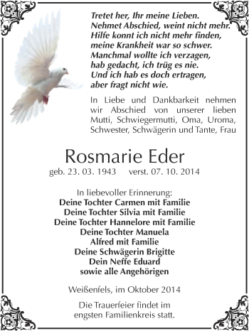 Traueranzeige von Rosmarie Eder von WVG - Wochenspiegel NMB / WSF / ZTZ