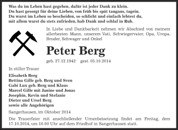 Traueranzeige von Peter Berg von Super Sonntag SGH Mansf. Land
