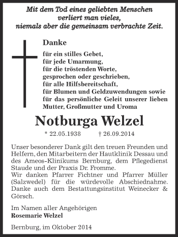 Traueranzeige von Notburga Welzel von Super Sonntag Bernburg