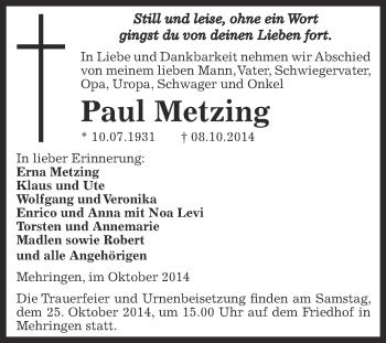 Traueranzeige von Paul Metzing von WVG - Wochenspiegel Aschersleben