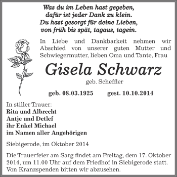 Traueranzeige von Gisela Schwarz von Wochenspiegel Mansfelder Land