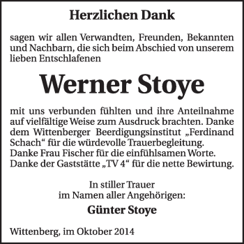Traueranzeige von Werner Stoye von WVG - Wochenspiegel Wittenberg